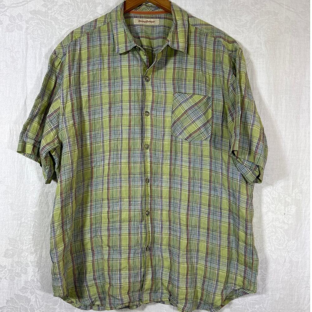 Tommy Bahama Button Up XL Green Plaid 100% Linen Short Sleeve